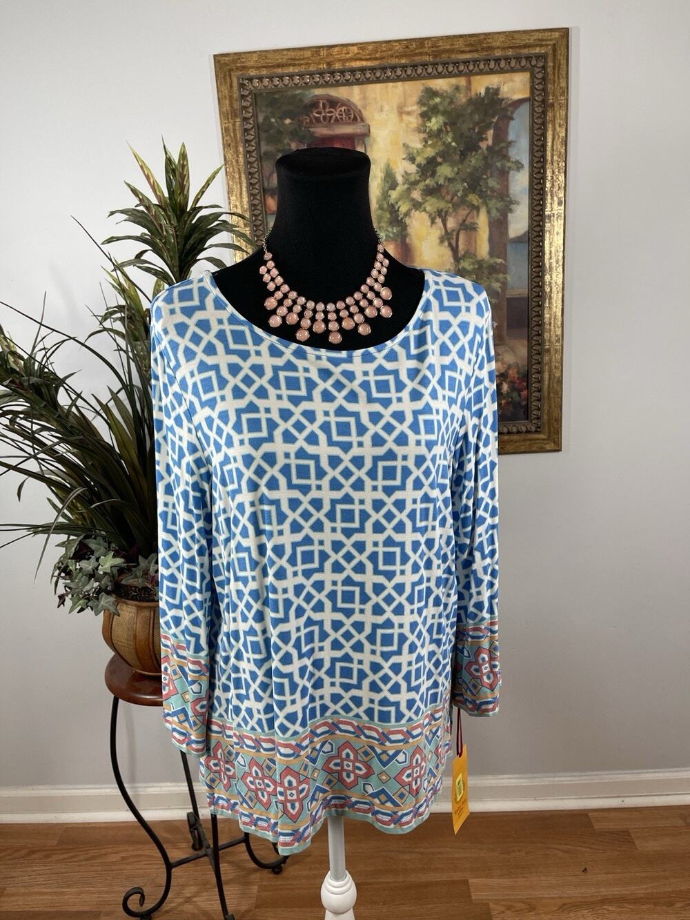 Ruby Rd Petite Geometric Print Tunic Top PL Blue White 3/4 Sleeve NWT